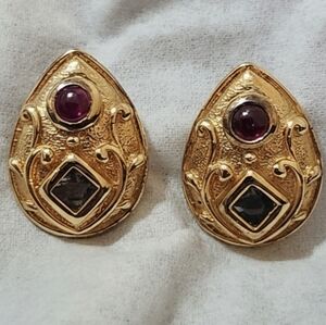 Vintage Sterling Silver Ruby & Aquamarine  Gold Vermeil Teardrop  Post Earrings